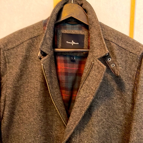 Cole Haan Other - Cole Haan Car Coat Dark Brown Herringbone, Lambskin Trim